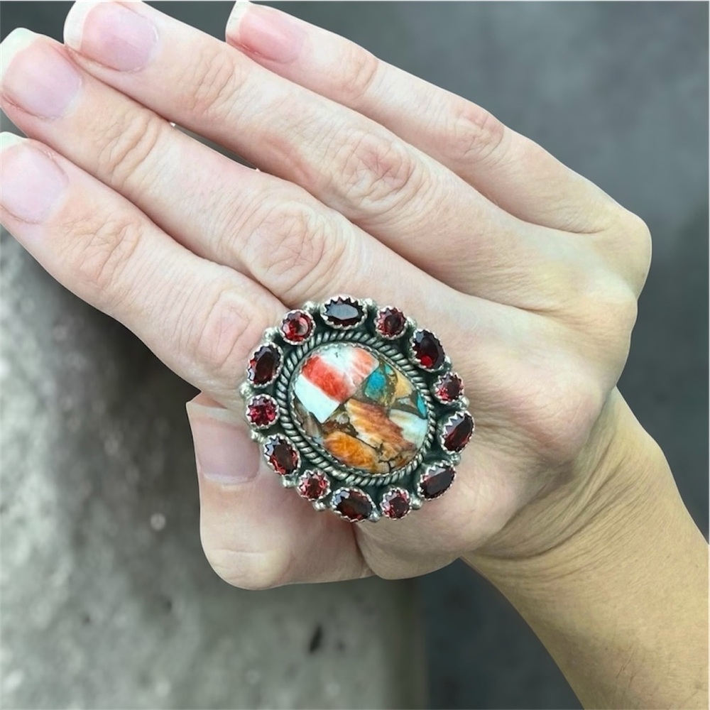 Sterling Silver Mosaic Inlay Ring Garnet Spiny Oyster Statement Cocktail Sz 9–10
